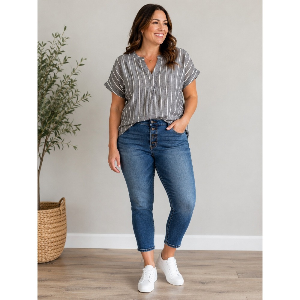 STUDIO WEST Striped Split Neck Blouse Top Women XL Grey White Minimalist Boho